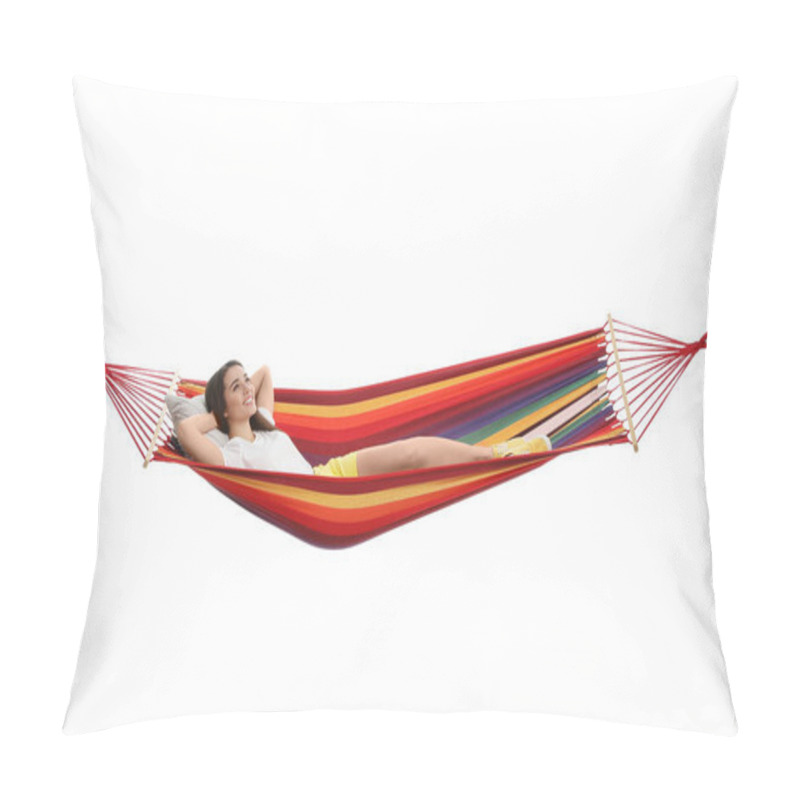 Personality  Woman Resting In Hammock On White Background Pillow Covers