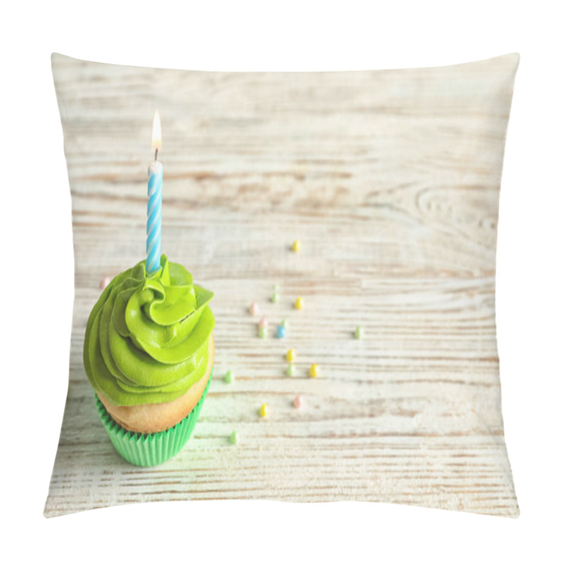 Personality  Delicious Birthday Cupcake With Burning Candle On Wooden Table Pillow Covers