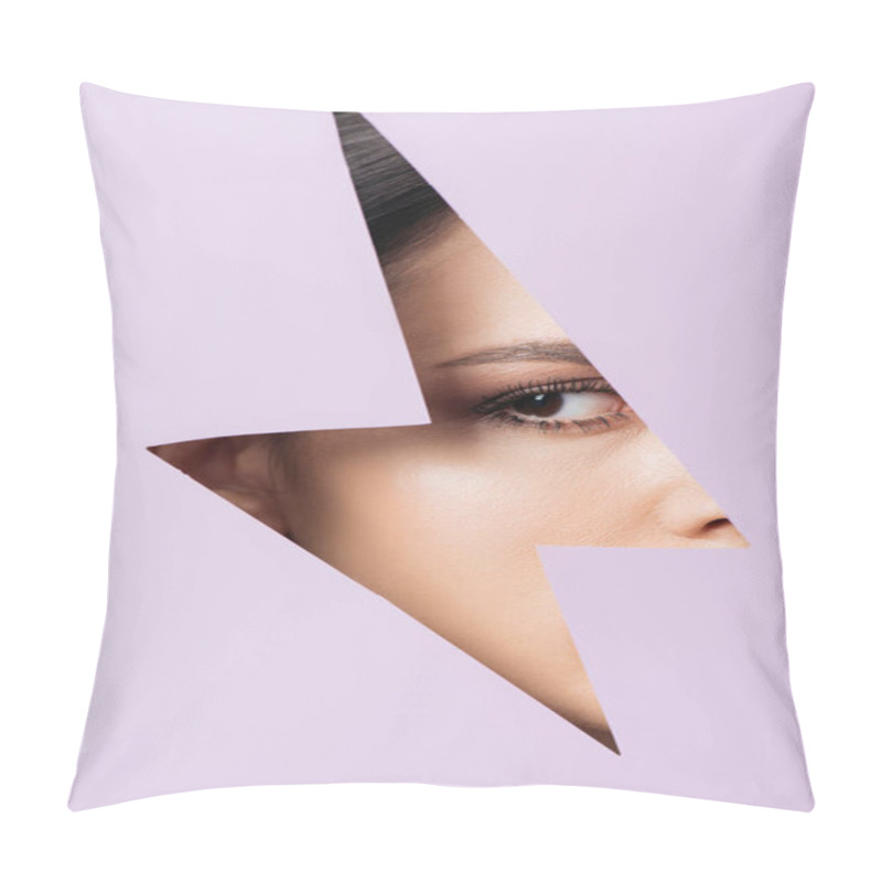 Personality  Woman Looking Away Across Hole In Violet Paper  Pillow Covers