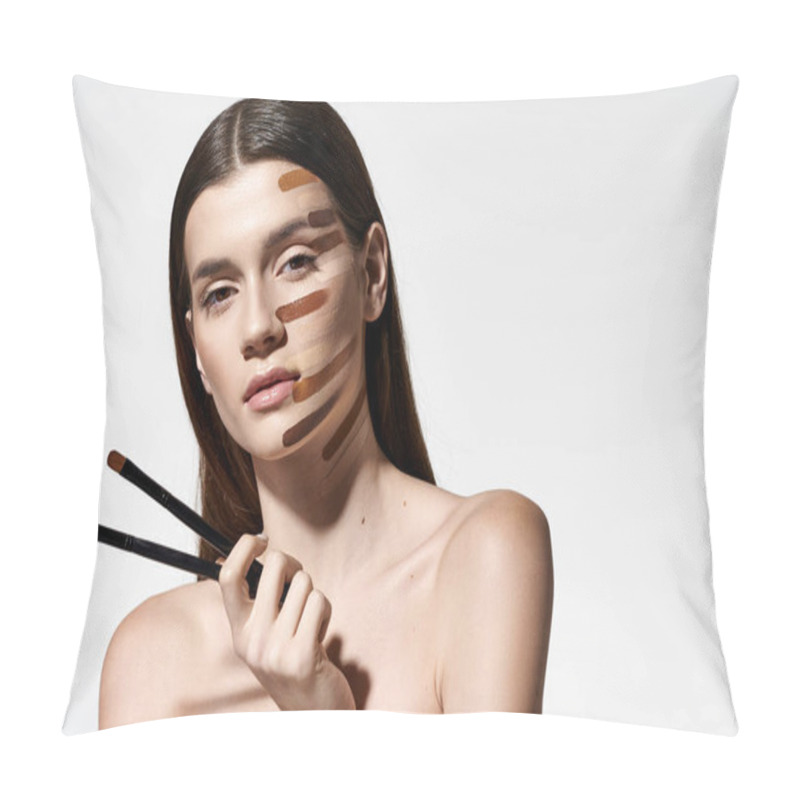 Personality  Graceful Woman With Various Makeup Brushes On Her Face, Creating A Creative And Artistic Look With Foundation. Pillow Covers