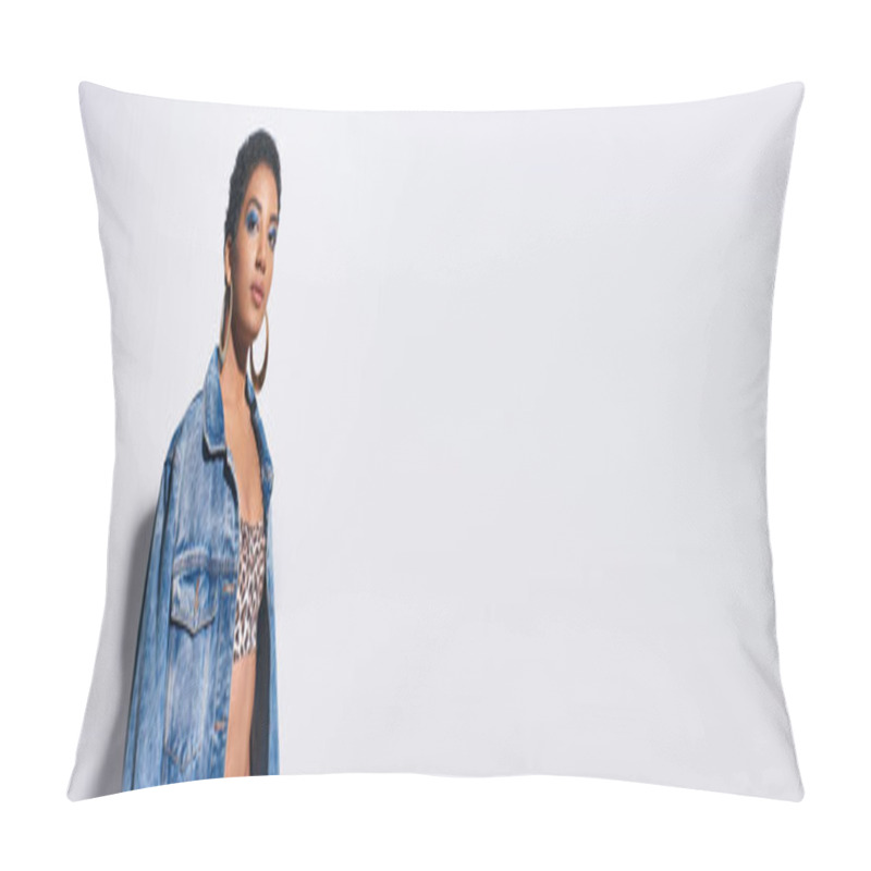 Personality  Trendy African American Woman With Vivid Makeup And Golden Earrings Wearing Top With Animal Print And Denim Jacket On Grey Background With Copy Space, Denim Fashion Concept, Banner  Pillow Covers