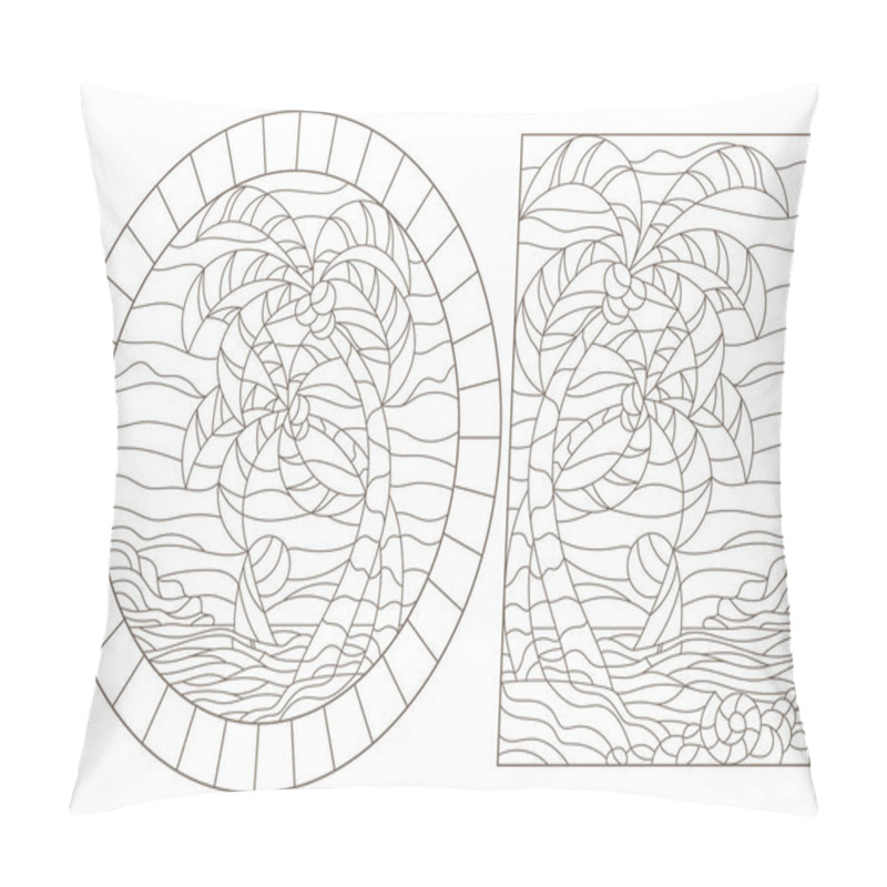 Personality  Set Contour Illustrations Of The Stained Glass Windows Of Tropical Landscapes ,island With Palm Trees Against The Sky, Ocean And Sun Pillow Covers