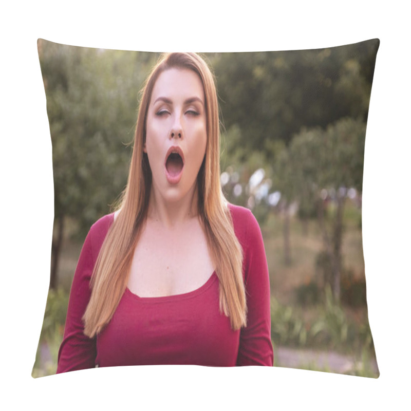 Personality  Woman Imitate Orgasmic Face. She Wear Casual But Sexy Outfit And Standing In Park. Summer Evening Portrait With Space For Hext. Pillow Covers