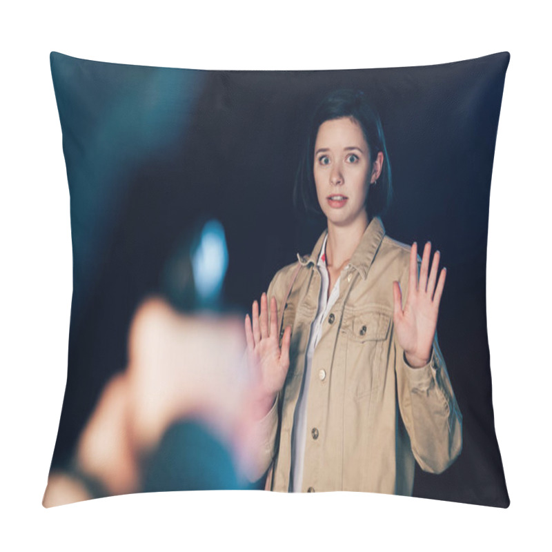 Personality  Cropped View Of Killer Aiming Gun At Woman On Black Pillow Covers