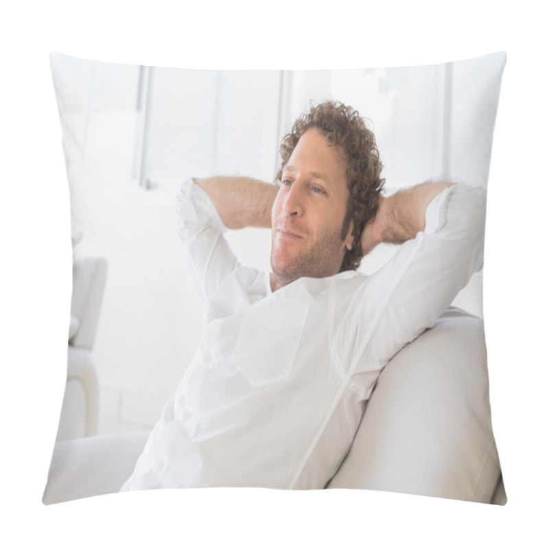 Personality  Relaxed Man Sitting With Hands Behind Head At Home Pillow Covers