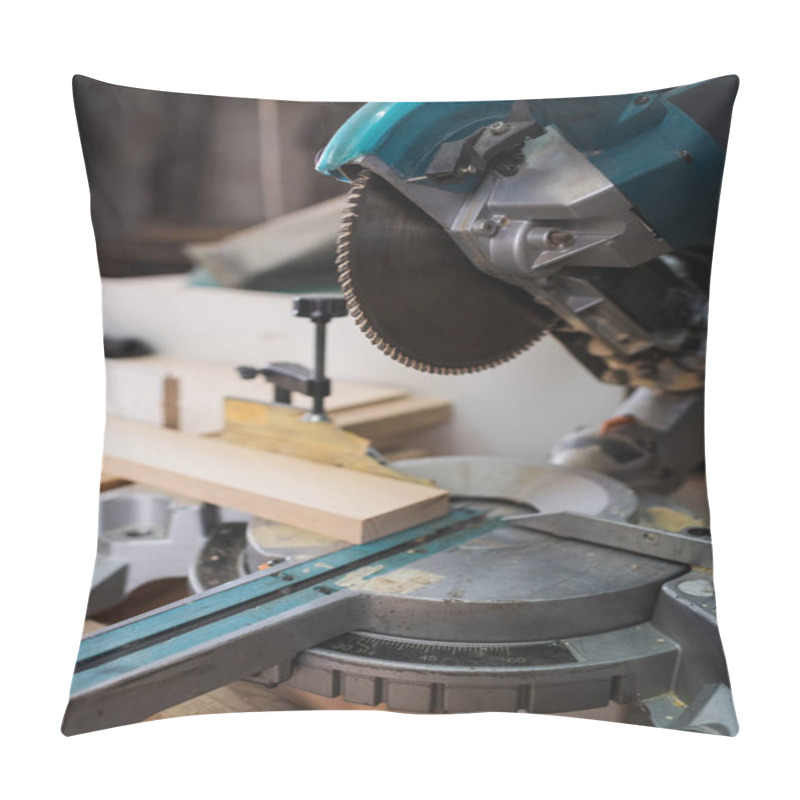 Personality  Close Up View Of Miter Saw And Wooden Board In Workshop  Pillow Covers