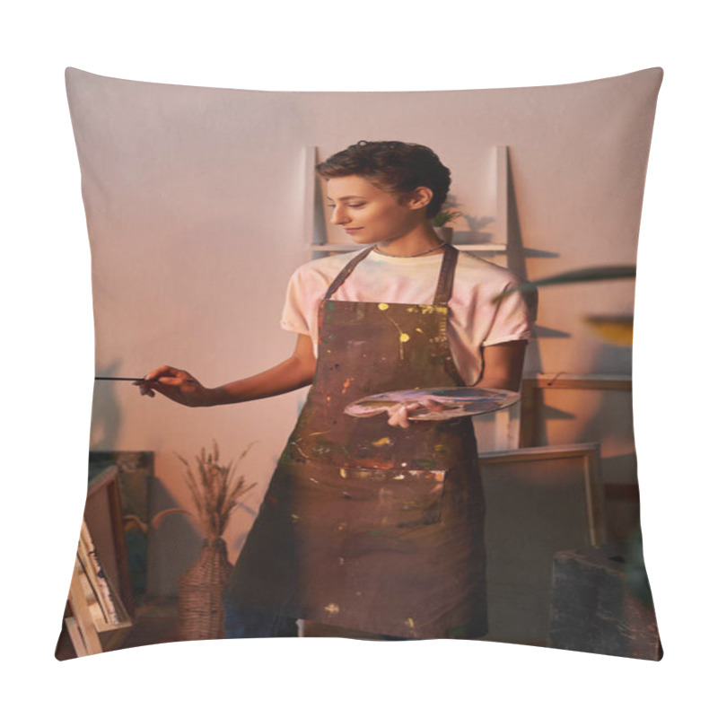 Personality  In A Cozy Home Setting, A Young Woman Expresses Her Creativity By Painting With Focus And Ease. Pillow Covers