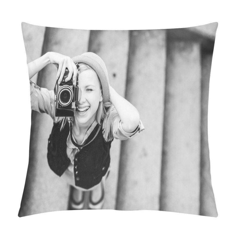 Personality  Happy Hipster Girl Making Photo With Retro Camera On City Street Pillow Covers