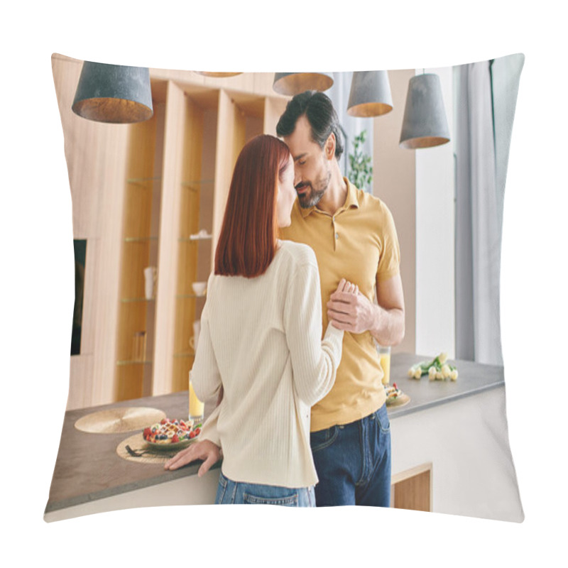 Personality  A Redhead Woman And Bearded Man Embrace Affectionately In A Modern Kitchen, Enjoy Quality Time Together Pillow Covers