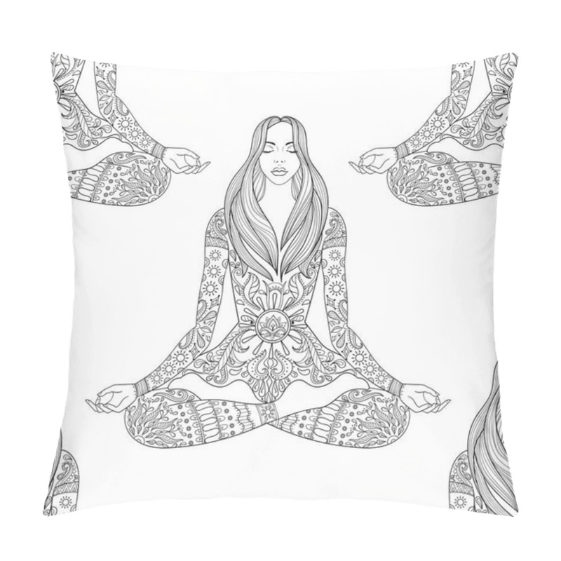 Personality  Woman Sitting In Lotus Pose.  Vector Ornate Girl Silhouette Seam Pillow Covers