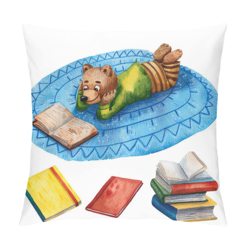 Personality  Watercolor Illustration Of Cute Bear. Pupil Character. Elementary School Illustration. Cartoon Style. School Books. Drawing Book Illustration. Little Clever Boy With Books. Children Library. Pillow Covers