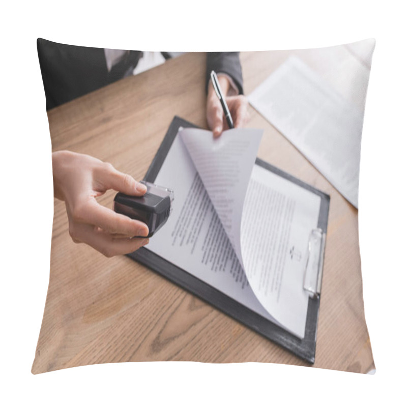 Personality  Cropped View Of Lawyer Holding Stamper And Pen Near Contract On Clipboard Pillow Covers