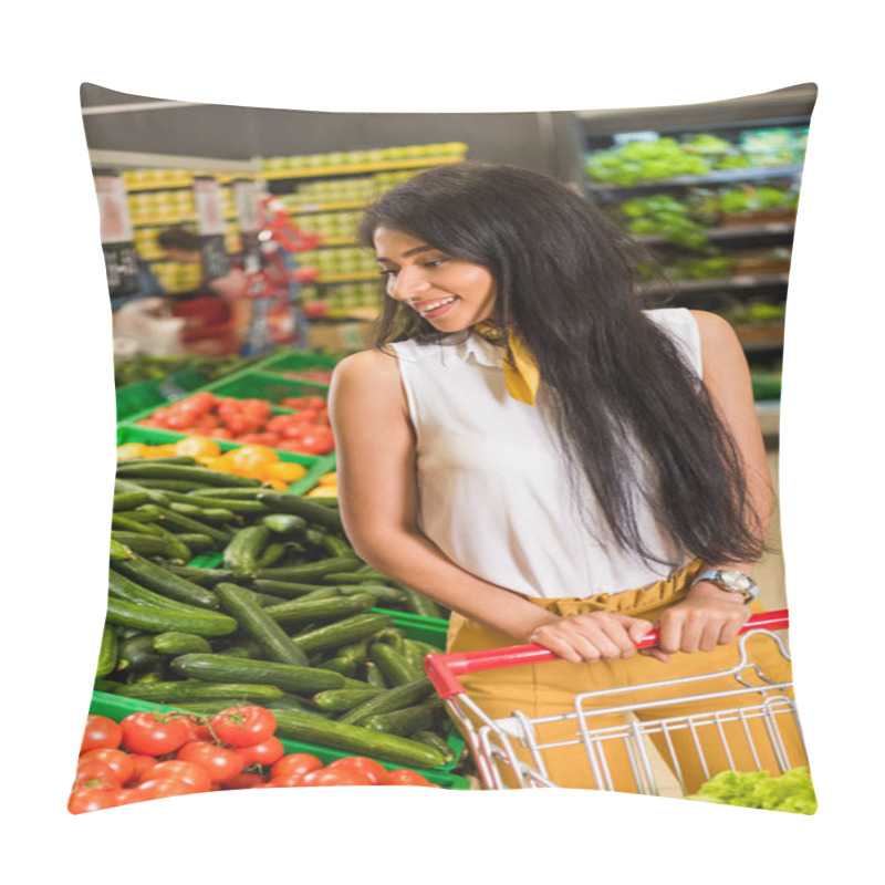 Personality  Happy African American Woman With Shopping Trolley In Vegetable Department In Supermarket  Pillow Covers