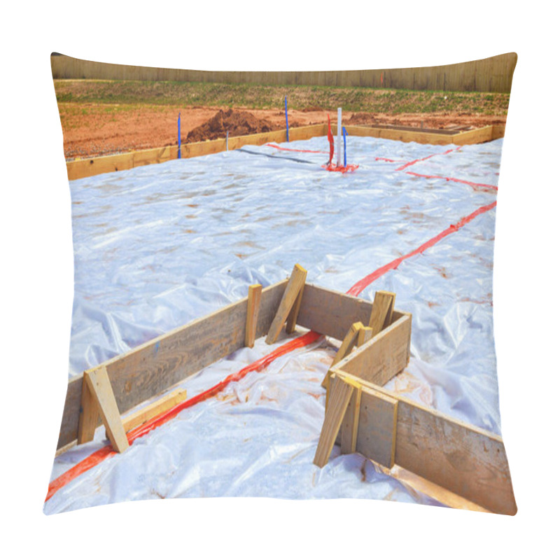 Personality  Preparing Foundation For New Building In Site Features Covered Area With Protective Plastic, Surrounded By Wooden Frames Pillow Covers