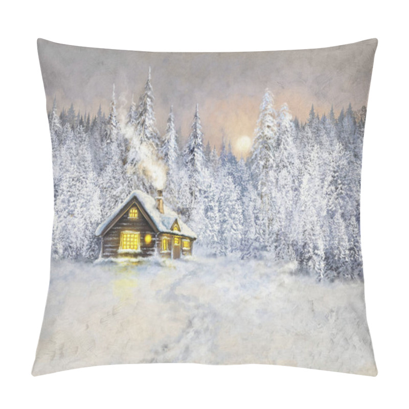 Personality  Oil Paintings Rural Landscape,  House In The Snow. Winter Sunset In Snowy Forest, Old House In The Forest. Fine Art Pillow Covers