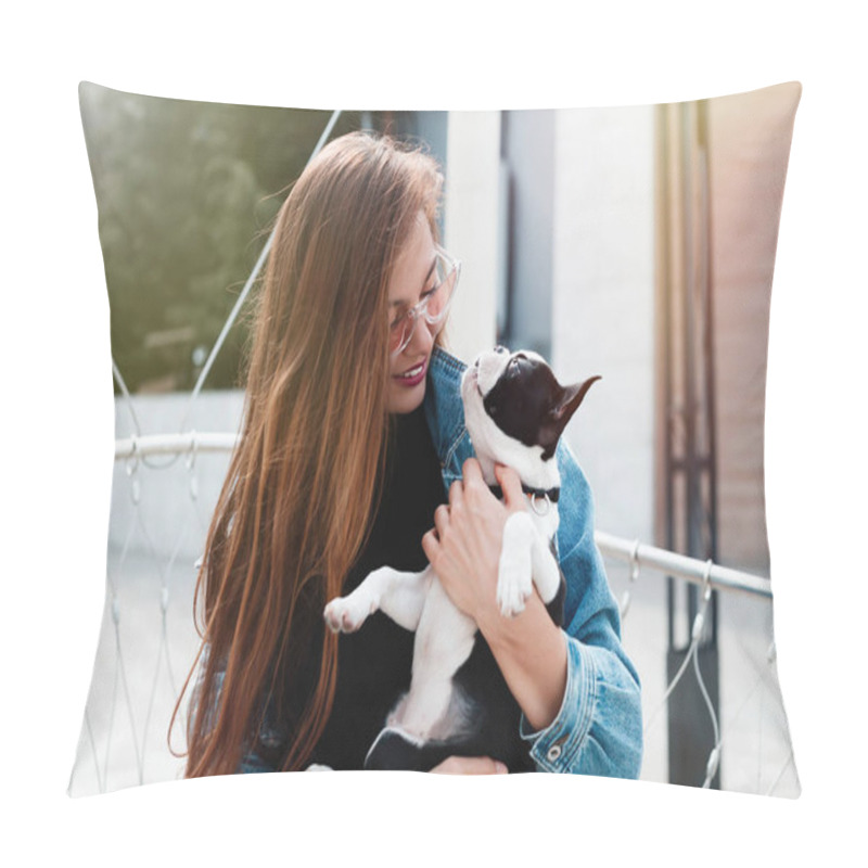 Personality  Beauty Woman With Her Dog Playing Outdoors.happy Hipster Woman Playing With Boston Terrier In Sunset Light, Summer Vacation. Stylish Girl With Funny Dog Resting, Hugging And Having Fun In Park. Pillow Covers