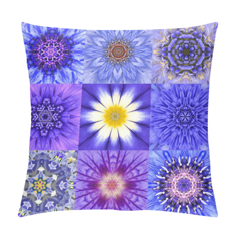 Personality  Collection Of Nine Blue Concentric Flower Mandalas Kaleidoscope Pillow Covers