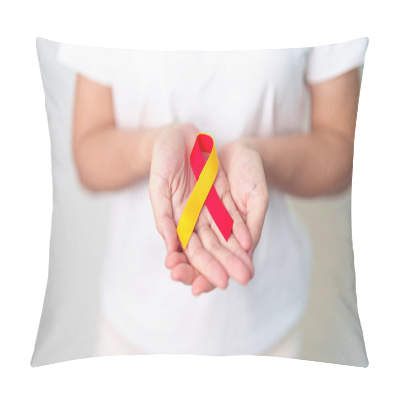 Personality  Woman Holding Red And Yellow Ribbon. World Hepatitis Day Awareness Month, 28 July, Liver Cancer, Jaundice, Cirrhosis, Failure, Enlarged, Hepatic Encephalopathy And Health Concept Pillow Covers