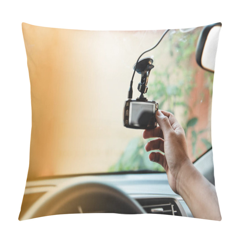 Personality  The Human Hand Is Touching The CCTV Car Camera,for Check System Before Use,the Technology For Car User,for Safe And Secure Driving,warm Light Tone,blurry Light Around Pillow Covers