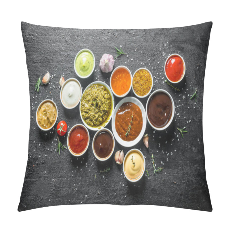 Personality  Set Of Sauces - Tomato Sauce, Pesto, Mustard, Barbecue Sauce, Guacomole, Mayonnaise. On Black Rustic Background Pillow Covers