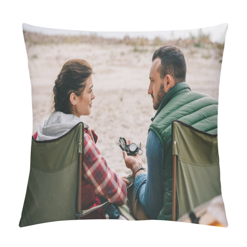 Personality  Back View Of Couple With Compass Resting On Chairs While Having Camping Pillow Covers