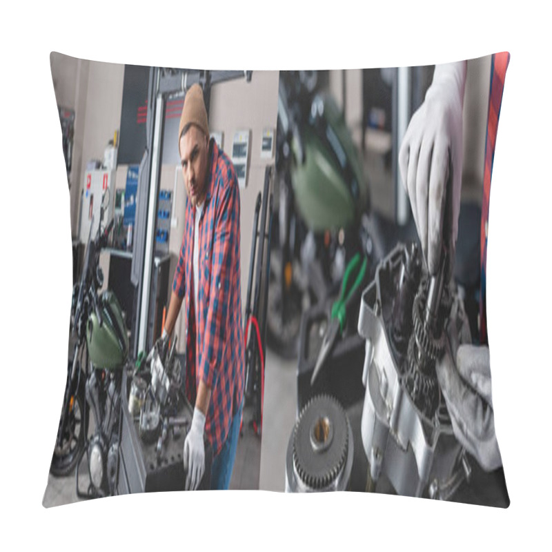 Personality  Collage Of Mechanic Checking Disassembled Transmission And Looking At Camera Near Motorbike, Banner Pillow Covers