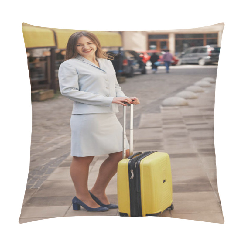 Personality  Professional Businesswoman, Woman Travel, Professional Smile. Professional Woman In Light Suit With Yellow Suitcase, Smiling While Standing On City Street, Suggesting Travel Or Business Trip. Pillow Covers