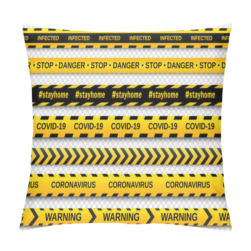 Personality  Warning Yellow And Black Seamless Tapes On Transparent Background. Safety Fencing Ribbon. Global Pandemic Coronavirus COVID-19. Vector Illustration Pillow Covers