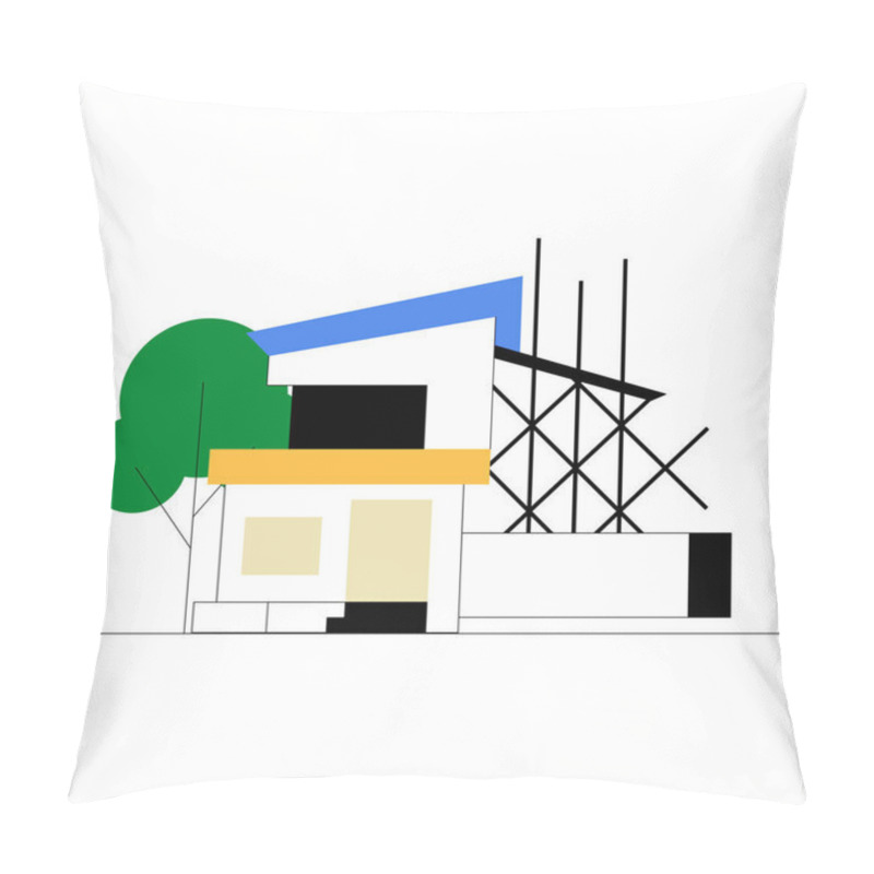 Personality  Modern House Under Construction With Scaffolding And Trees, Symbolizing Architecture And Urban Development. Highlights The Building Process In A Residential Setting. Pillow Covers