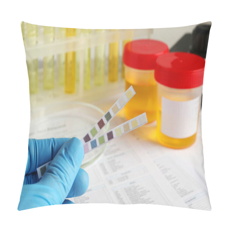 Personality  Nurse Holding Test Strips At Table, Closeup. Urine Analysis Pillow Covers