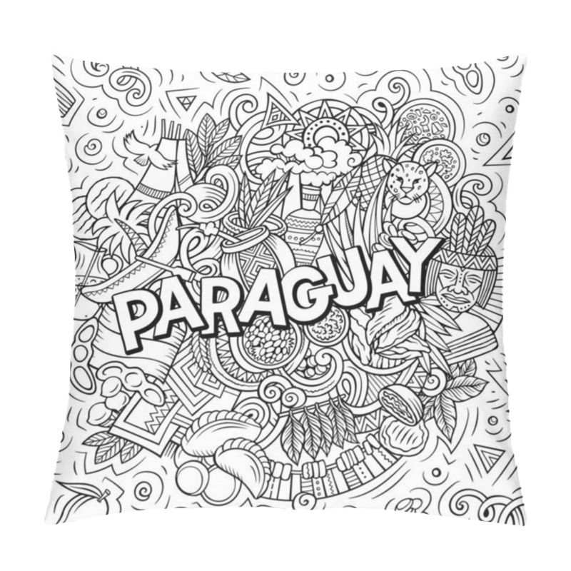 Personality  Paraguay Hand Drawn Cartoon Doodle Illustration. Funny Local Design. Creative Raster Background. Handwritten Text With Latin American Elements And Objects. Pillow Covers