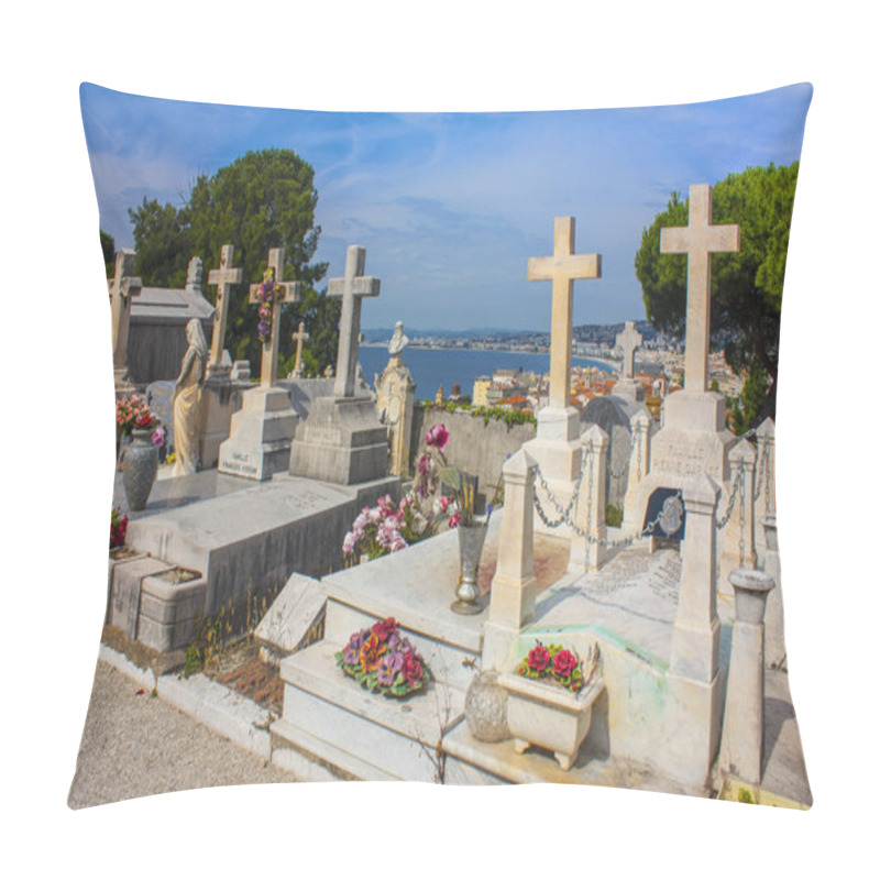 Personality  Nice, France - June 23, 2018: Old Chateau Cemetery (Castle Cemetery) In Nice. It's Located On The Castle Hill In The City Centre, That Overlooks The Old Town And The Coastline. Pillow Covers