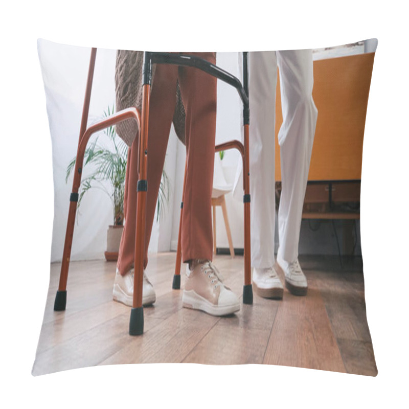 Personality  Cropped View Of Senior Woman Stepping With Walkers Near Nurse Pillow Covers