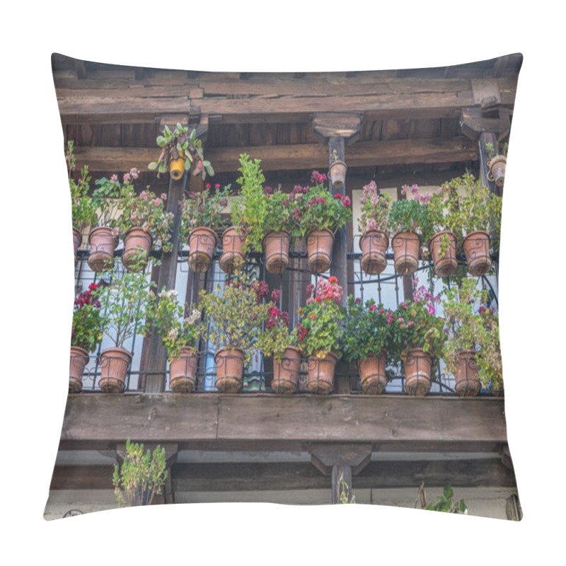 Personality  Facade Of Old Building With Flower Pots. Tourism In Central Spain, Typical Plant Decoration Pillow Covers