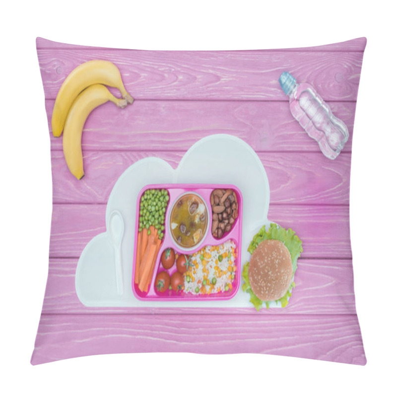 Personality  Top View Of Tray With Kids Lunch For School, Bananas And Bottle Of Water On Pink Table Pillow Covers