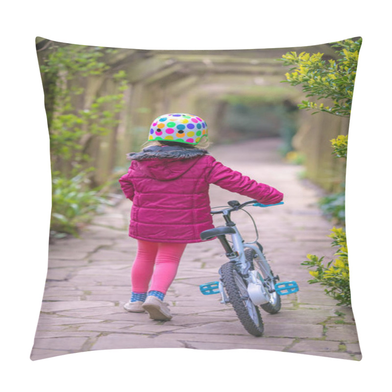 Personality  Young Little Girl Pushing Her Bicycle On The Stony Retro Garden Pathway In A Public Park Pillow Covers