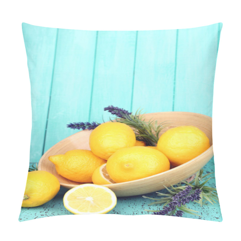 Personality  Still Life With Fresh Lemons And Lavender On Blue Background Pillow Covers