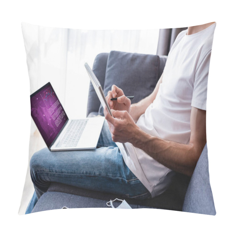 Personality  Cropped View Of Freelancer Writing On Notebook Near Laptop With E Health Website On Screen Pillow Covers