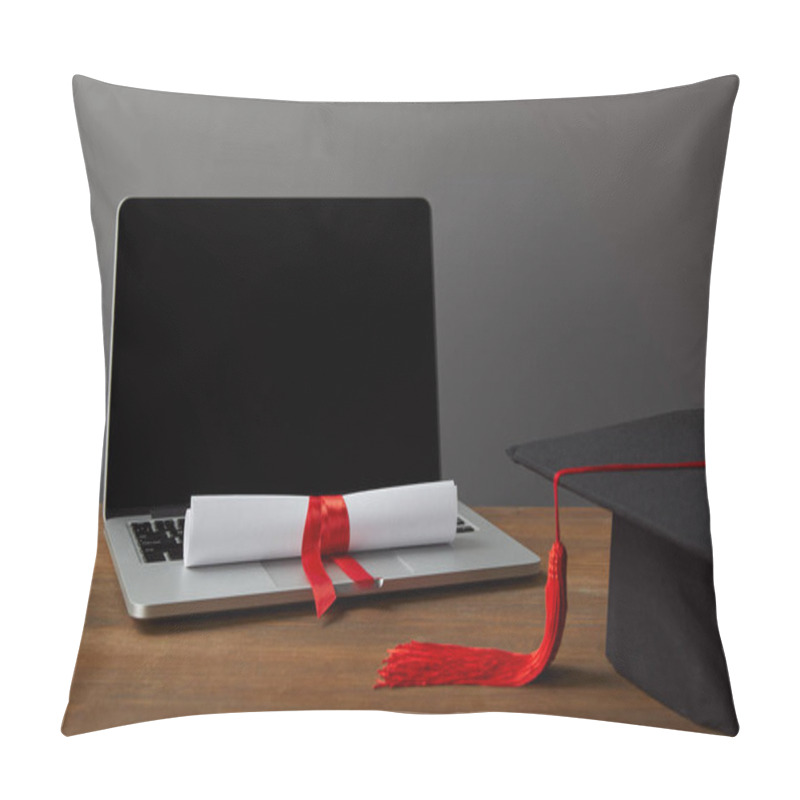 Personality  Laptop With Blank Screen, Diploma And Academic Cap With Red Tassel On Grey Pillow Covers