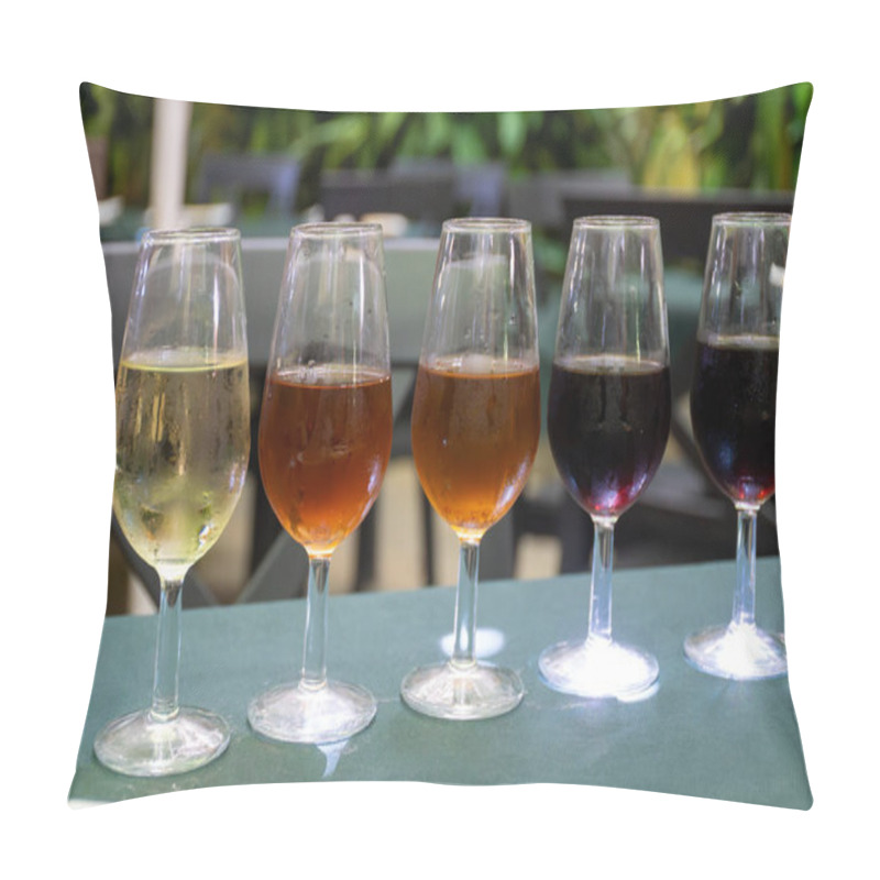 Personality  Flight Of Five Sherry Wines From Barrels, Fino, Manzanilla, Olorosso, Amontillado, Pedro Ximenez Jerez Wines In Old Tavern, Wine Tasting, Sanlucar De Barrameda, Cadiz, Andalusia, Spain Pillow Covers