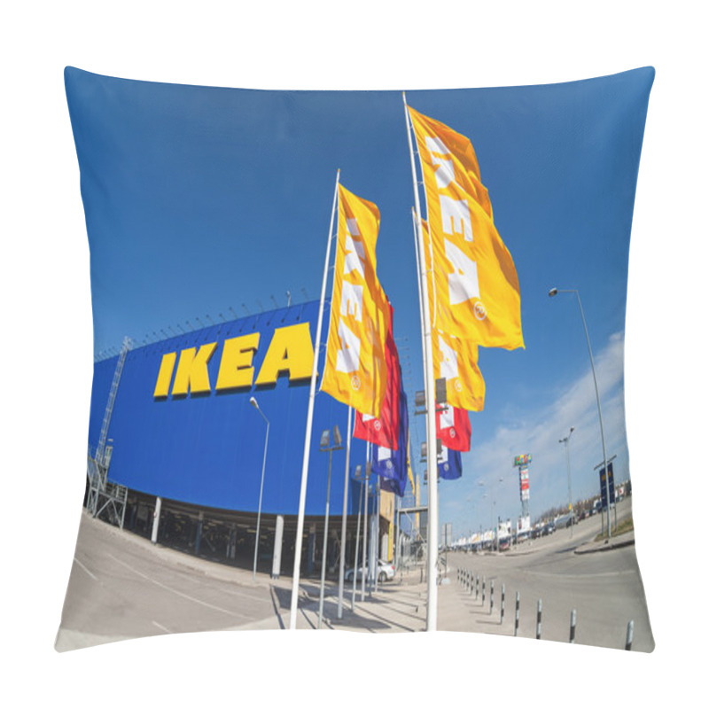 Personality  SAMARA, RUSSIA - APRIL 19, 2014: IKEA Flags Against Sky At The I Pillow Covers