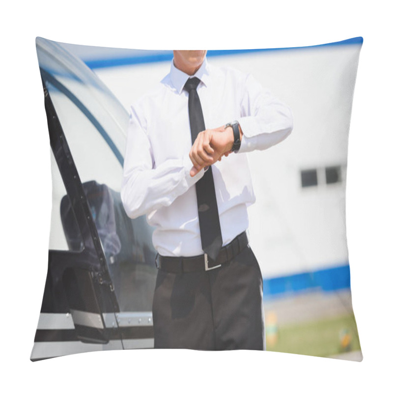 Personality  Cropped View Of Pilot In Formal Wear Adjusting Watch Near Helicopter Pillow Covers