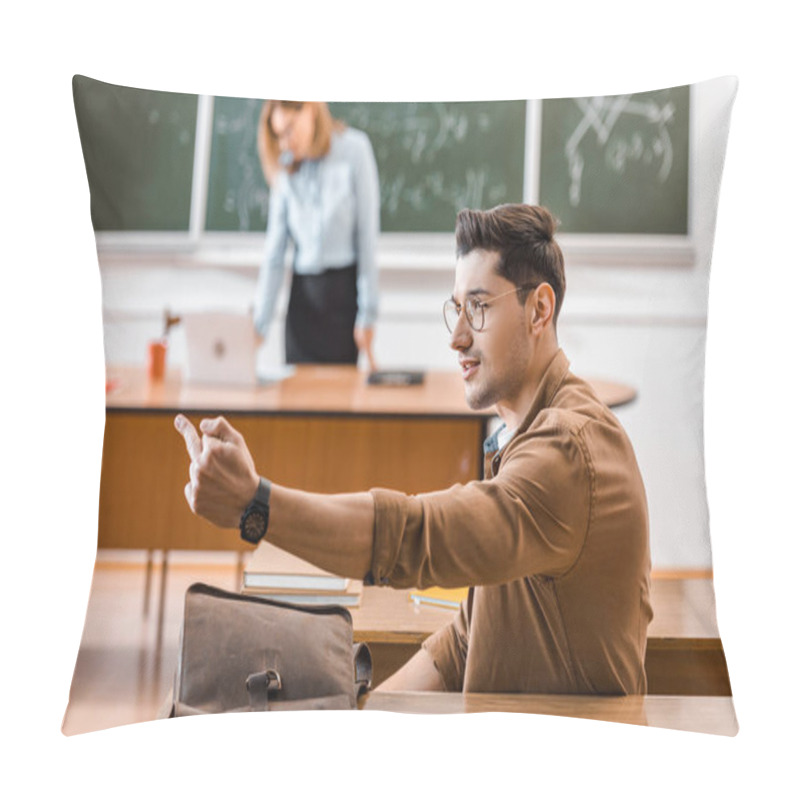 Personality  Student Showing Middle Finger In Classroom With Female Teacher On Background  Pillow Covers