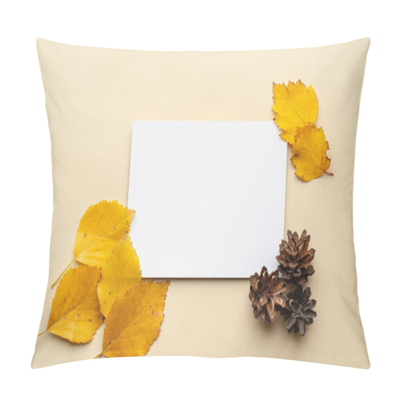 Personality  A Cozy Autumn-themed Composition Featuring Vibrant Yellow Leaves And Pine Cones Surrounding A Blank White Card On A Soft Beige Background. This Image Captures The Essence Of Fall. Pillow Covers