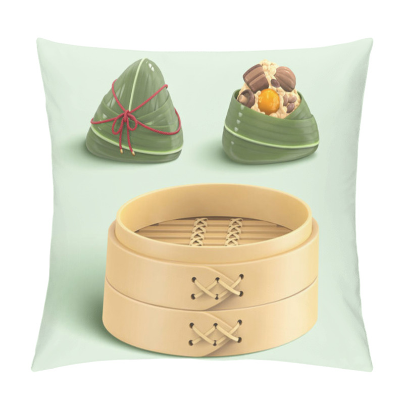 Personality  3D Isolated Elements Of Duanwu Festival. Including Wrapped, Unwrapped Rice Dumpling And A Bamboo Steamer Pillow Covers