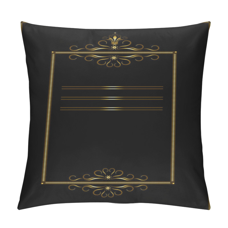 Personality  Double Gold Rectangular Frame Of Strokes, With A Pattern Of Gold Calligraphic Curves And Curls On A Black Background Pillow Covers