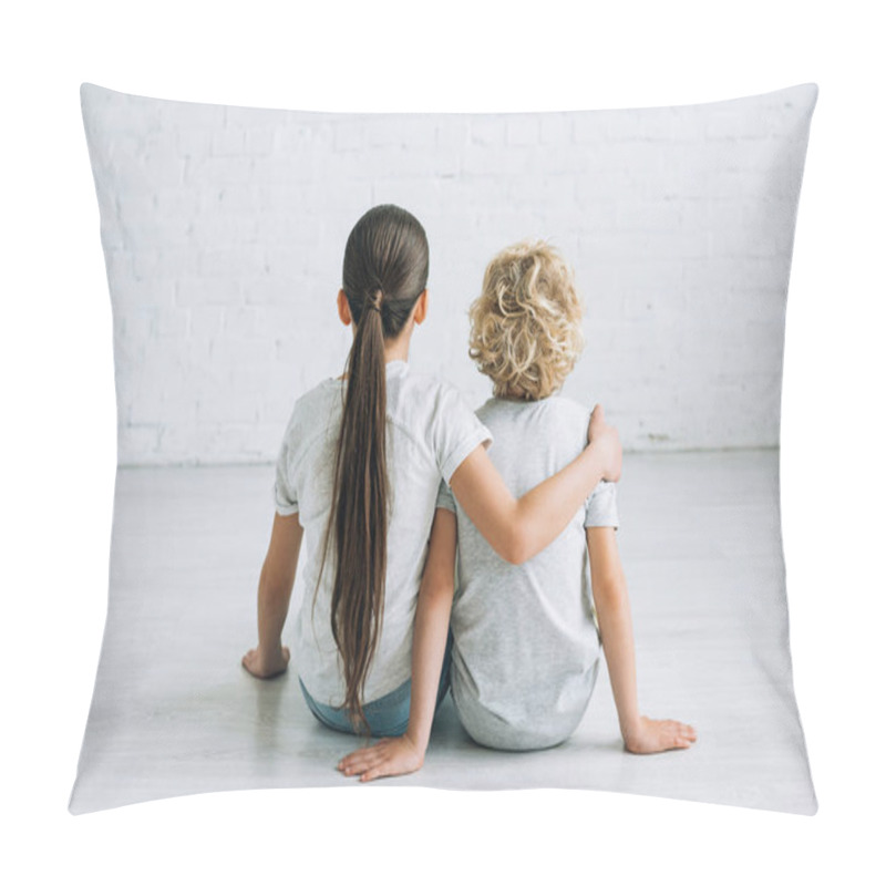 Personality  Back View Of Two Kids Embracing On Floor At Home Pillow Covers