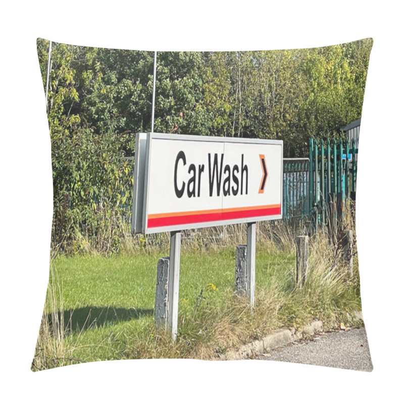 Personality  Car Wash Facility With Signage On A Sunny Day. The Setting Is Surrounded By Greenery And Clear Blue Skies, Creating A Welcoming Atmosphere. Pillow Covers