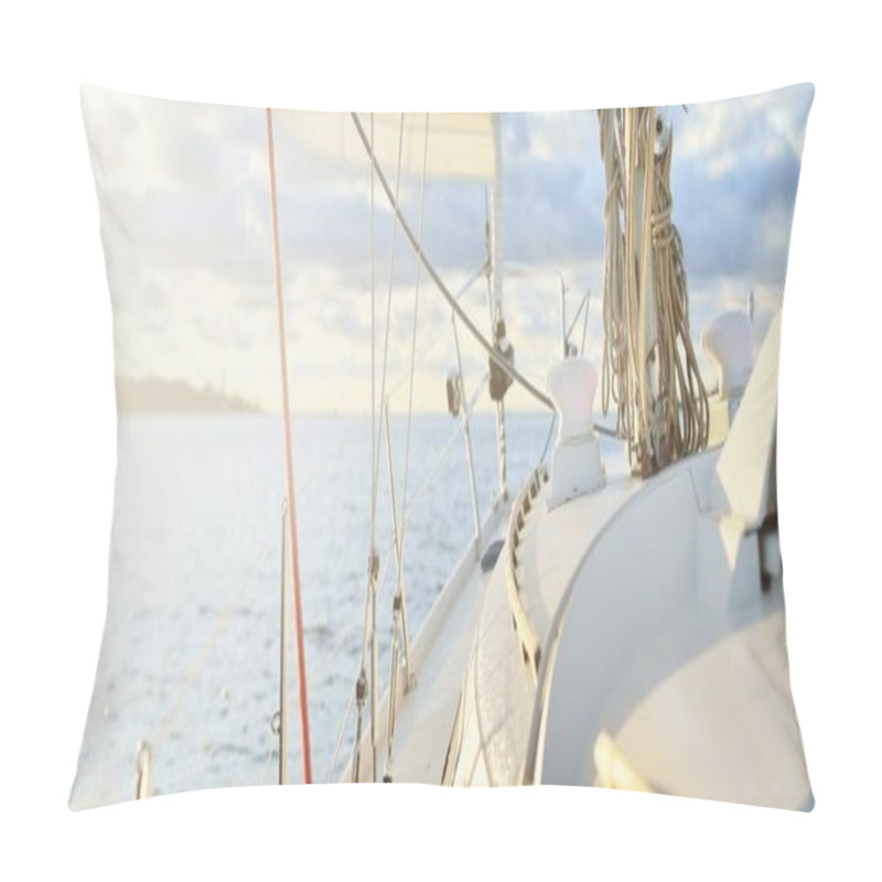 Personality  White Yacht Sailing After The Rain At Sunset. Close-up View From The Deck To The Bow. Clear Glowing Sky With Colorful Golden And Pink Clouds. Idyllic Seascape. Sea, Cruise, Travel Destinations Pillow Covers