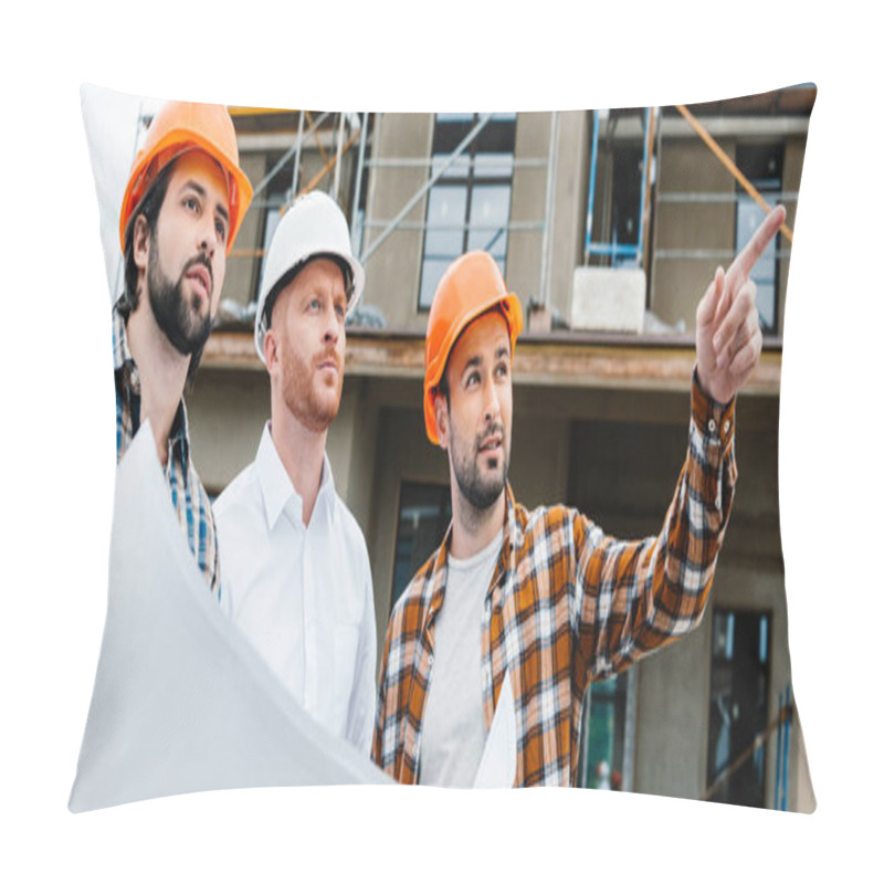 Personality  Wide Shot Of Group Of Architects With Building Plan Standing In Front Of Construction Site And Looking Away Pillow Covers